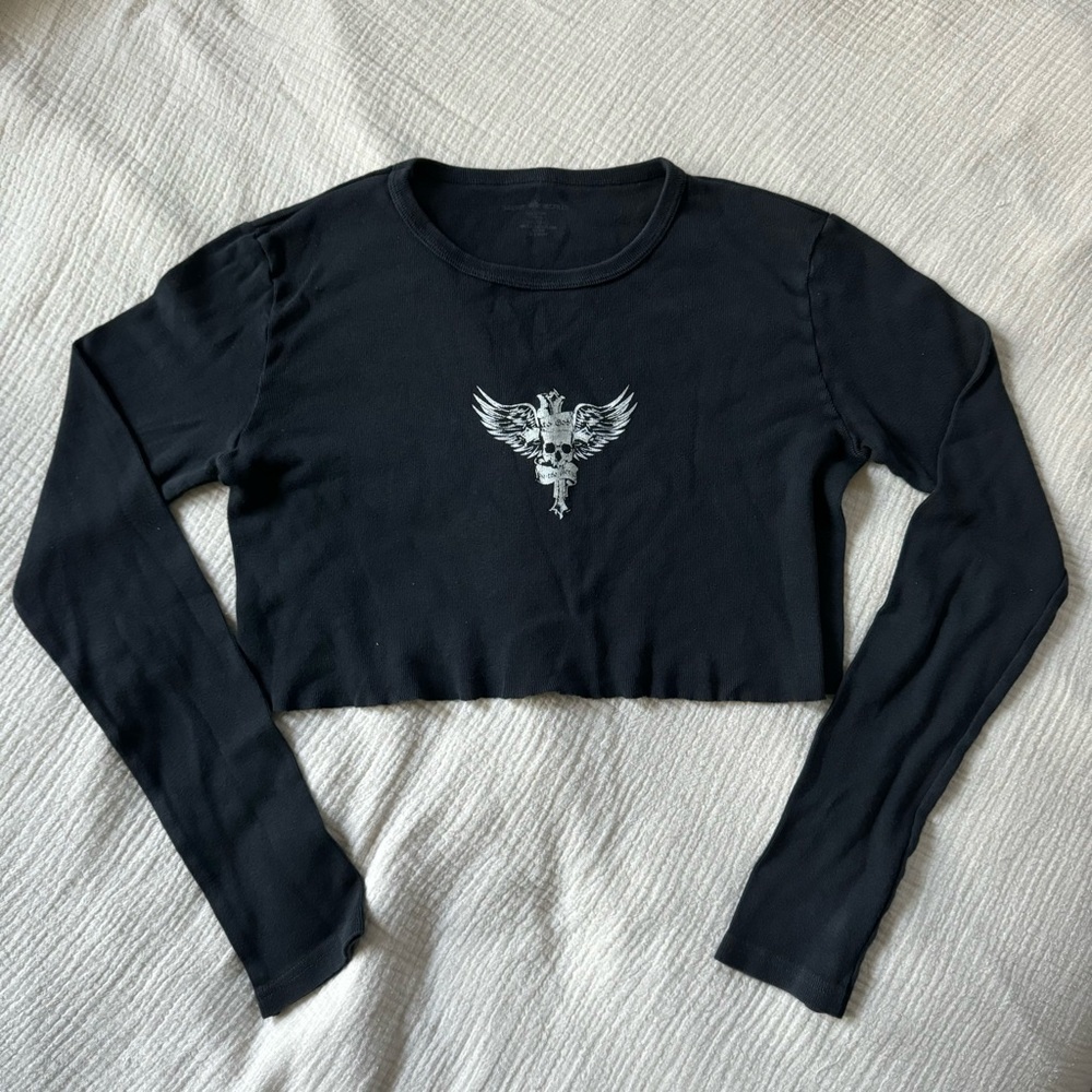 Brandy Melville Black Cropped Skull Long-Sleeve